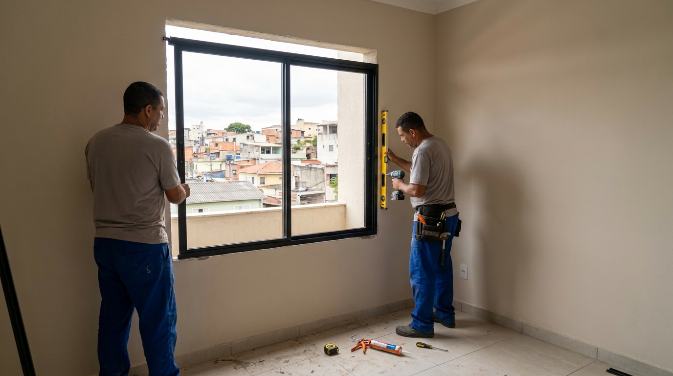 Esquadria de alumínio em quarto bege em São José dos Pinhais-PR