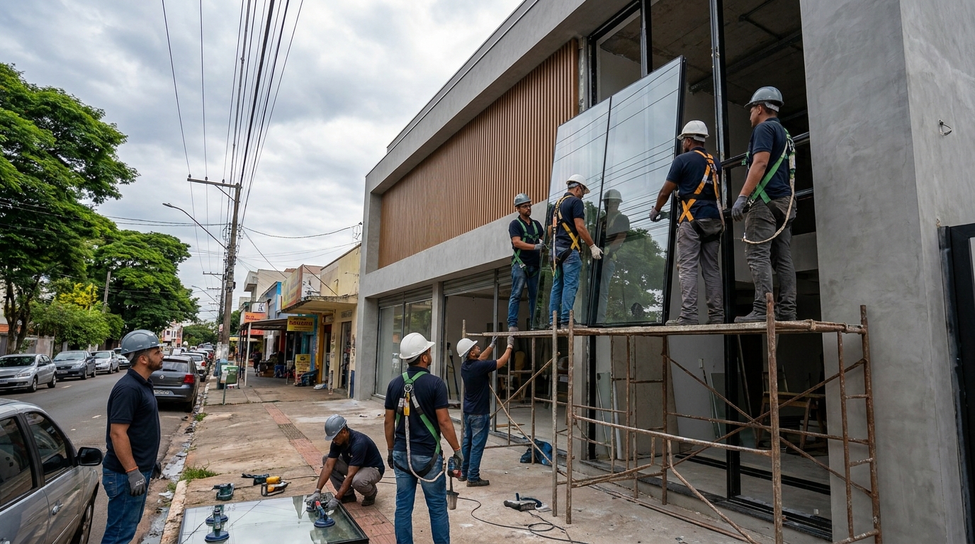 Fachada de vidro com andaime lateral em São José dos Pinhais-PR