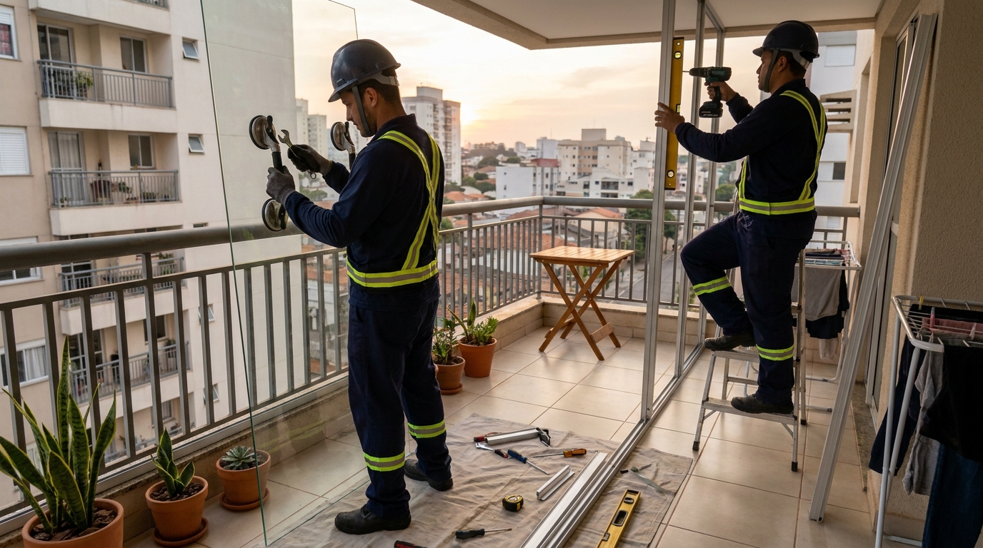 Instalação de parede de vidro em sacada em São José dos Pinhais-PR