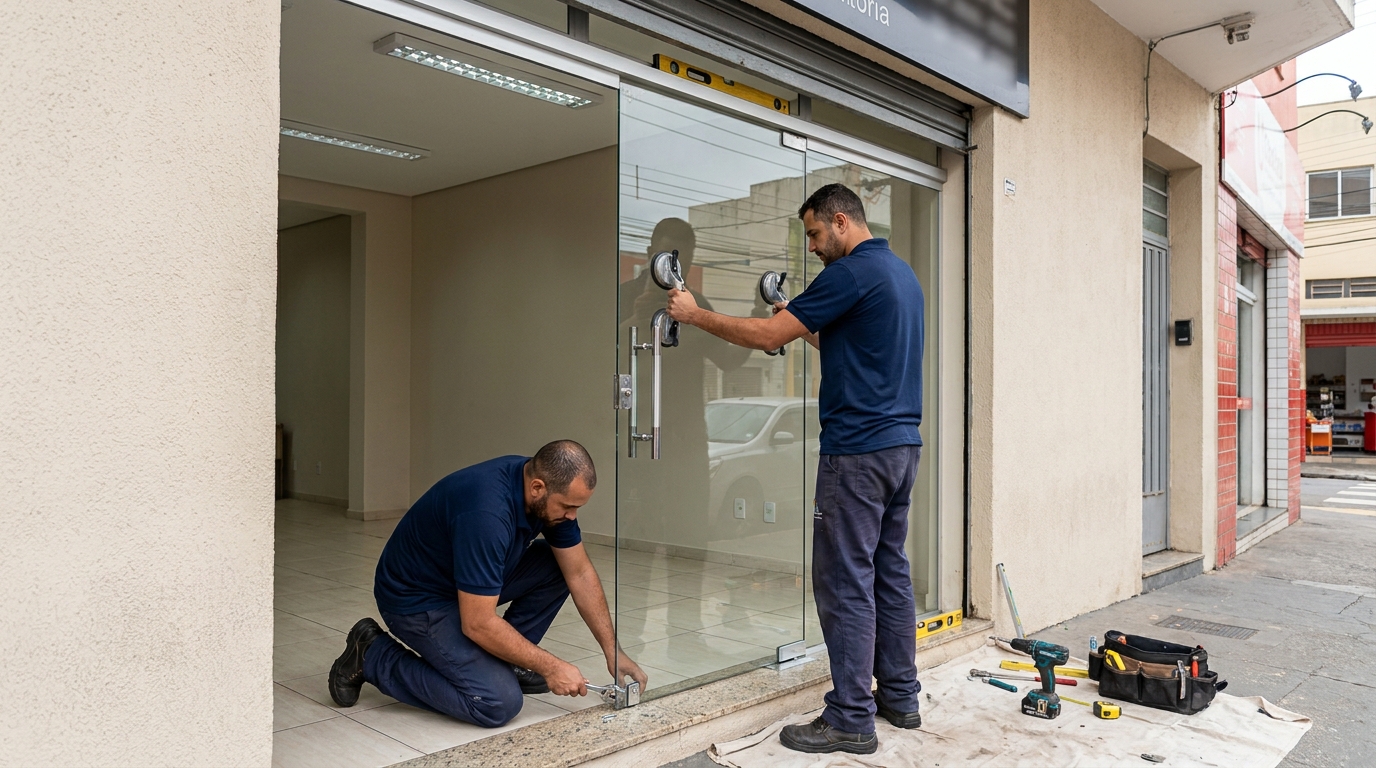 Porta de vidro com puxador inox em São José dos Pinhais-PR